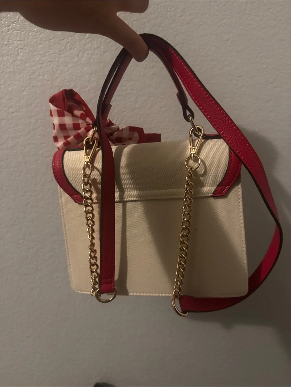 Aldo Cream Canvas Satchel with Red Trim & Gingham Bow